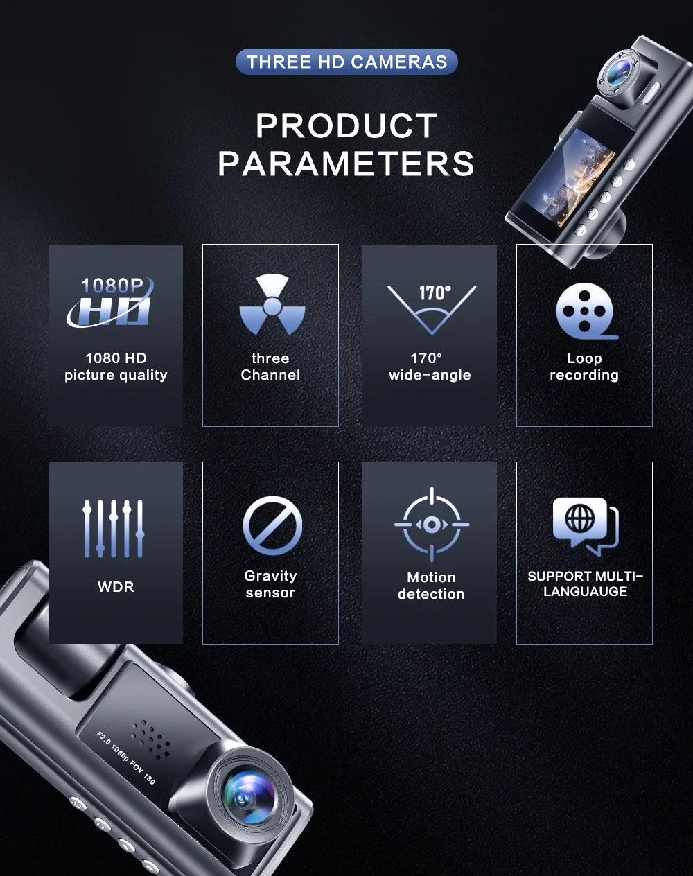 Dash Cam W/ IR Night Vision Loop Recording & 2" IPS Screen 1080P 3 Camera , DVR recorder, video recorder, Vehicle DVR