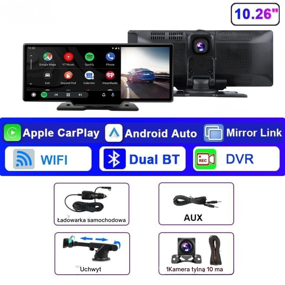 Kamera samochodowa 4K Dual Lens + CarPlay/Android Auto – WiFi 5.0, 10,26