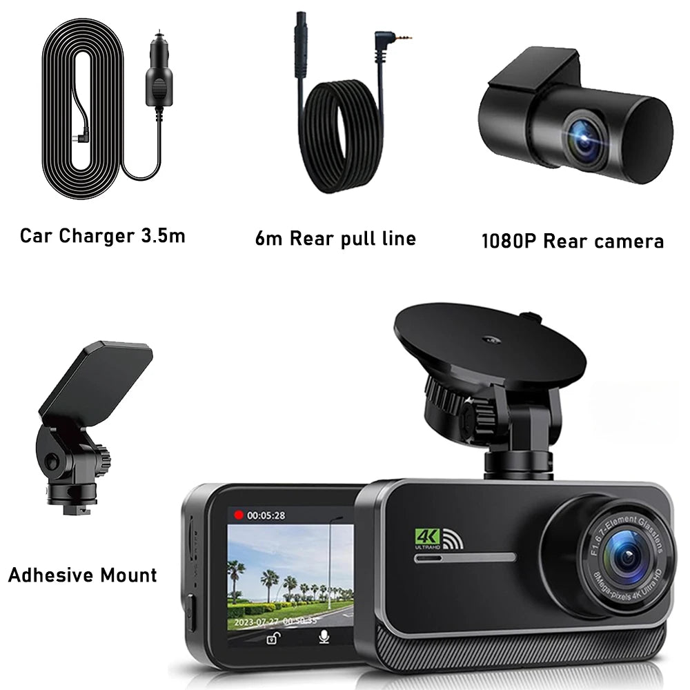 4K WiFi Dual Dash Cam Real 4K Optional rear/ cabin cam Installation 3"IPS NightVision 24H Parking Mode Dashboard Camera Recorder