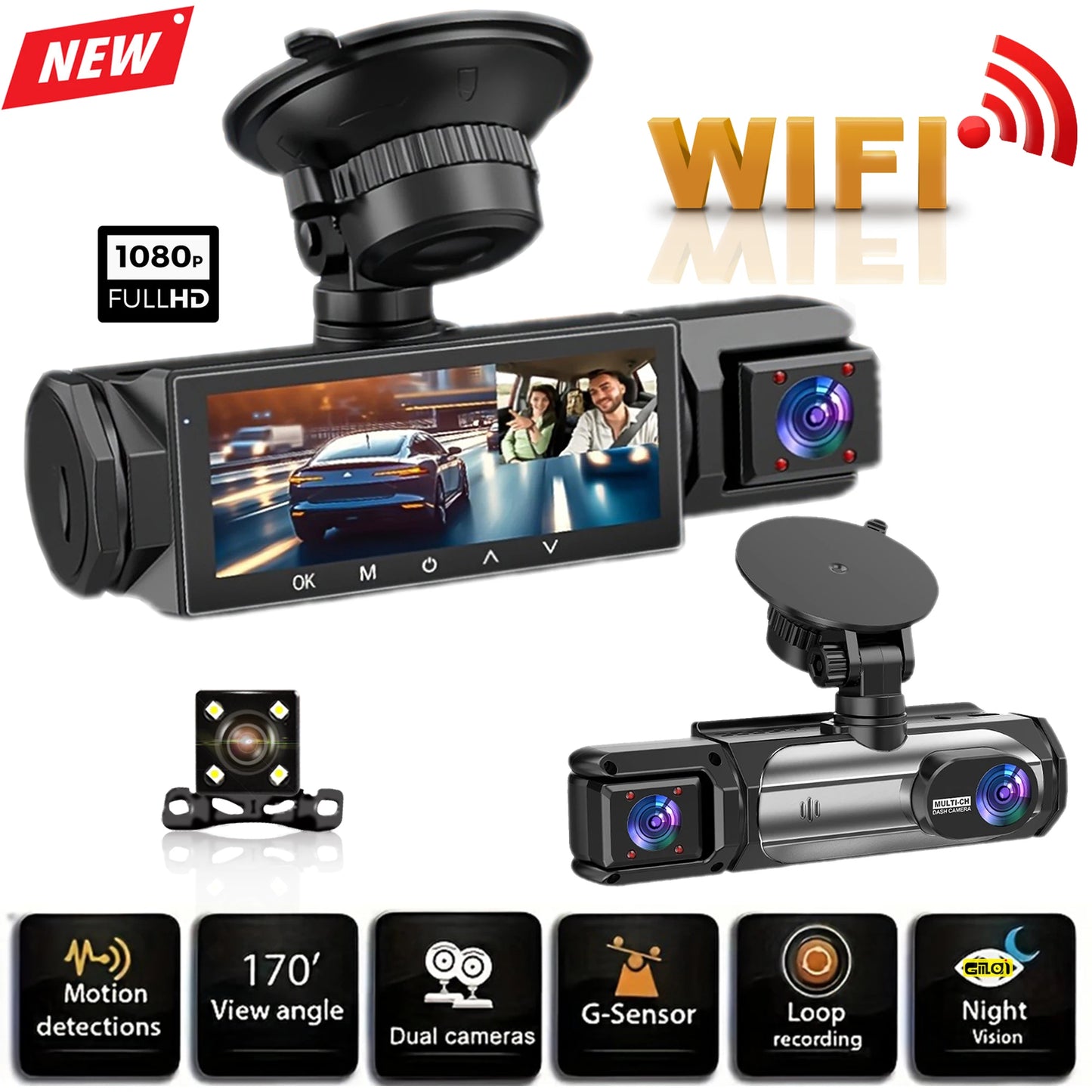 1080P WIFI Camera Dash Cam for cars 2/3Ch Front Rear and Inside car camera with IR Night Vision LoopRecording,wide angle Car DVR
