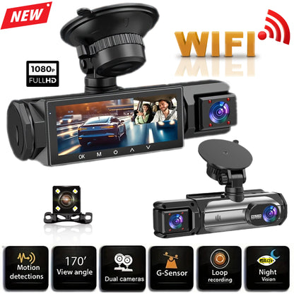 1080P WIFI Camera Dash Cam for cars 2/3Ch Front Rear and Inside car camera with IR Night Vision LoopRecording,wide angle Car DVR