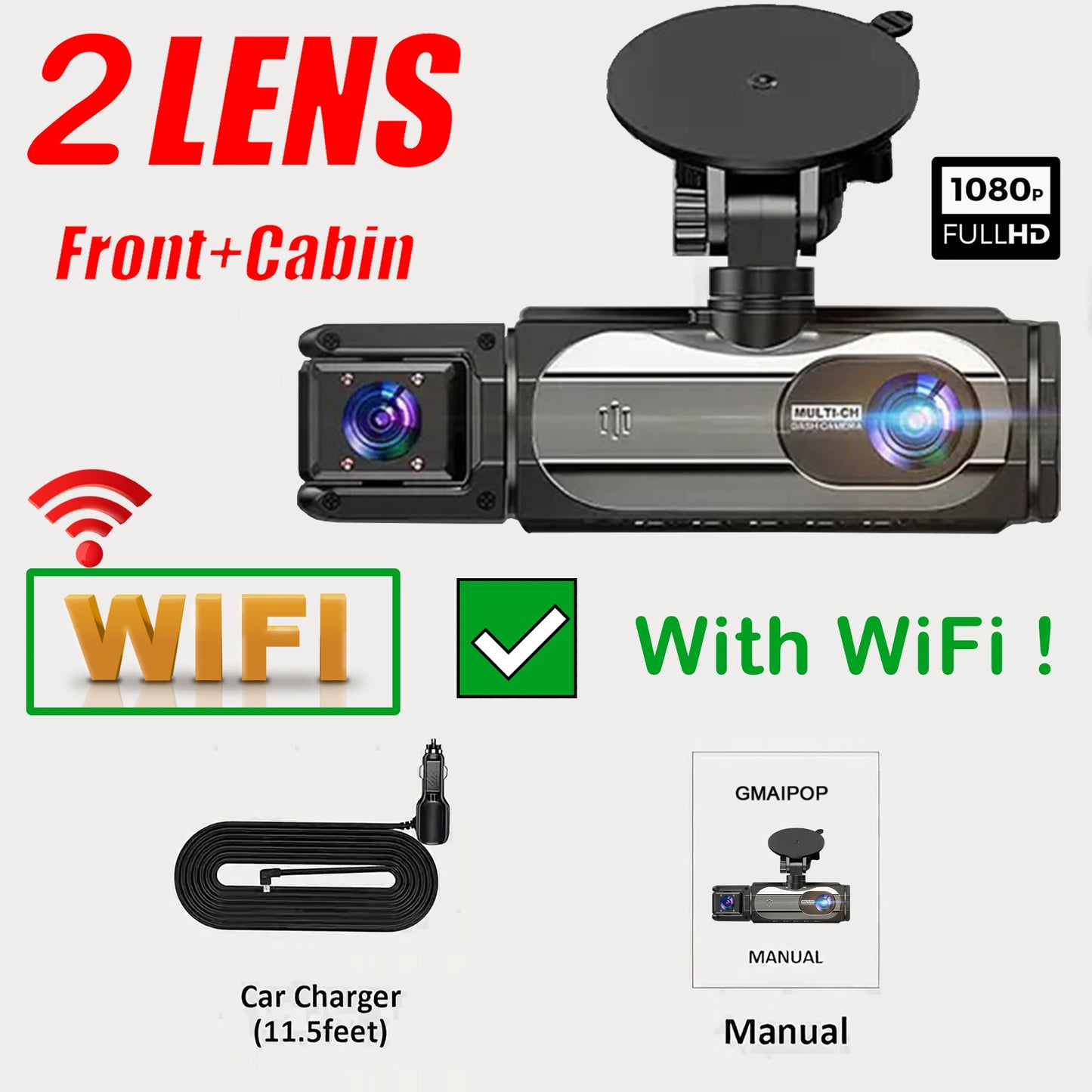 1080P WIFI Camera Dash Cam for cars 2/3Ch Front Rear and Inside car camera with IR Night Vision LoopRecording,wide angle Car DVR