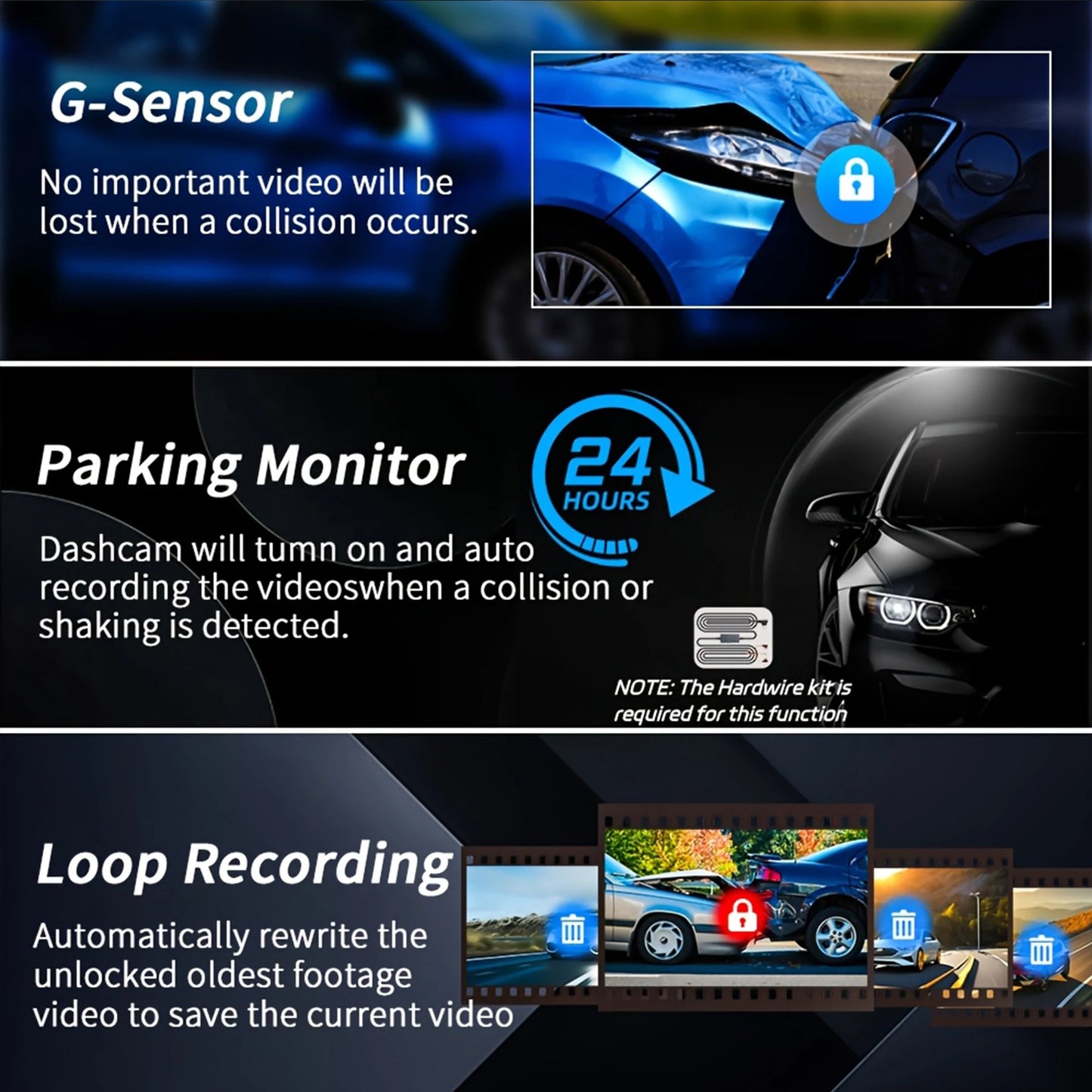 1080P WIFI Camera Dash Cam for cars 2/3Ch Front Rear and Inside car camera with IR Night Vision LoopRecording,wide angle Car DVR
