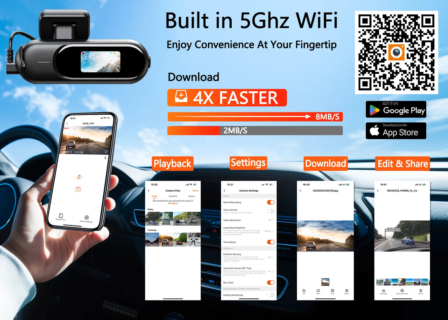 UHD 4K WiFi Dash Cam Dual Lens Driving Recorder Car DVR Optional 1080P Rear Lens Camera 24H Parking Monitoring Black Box