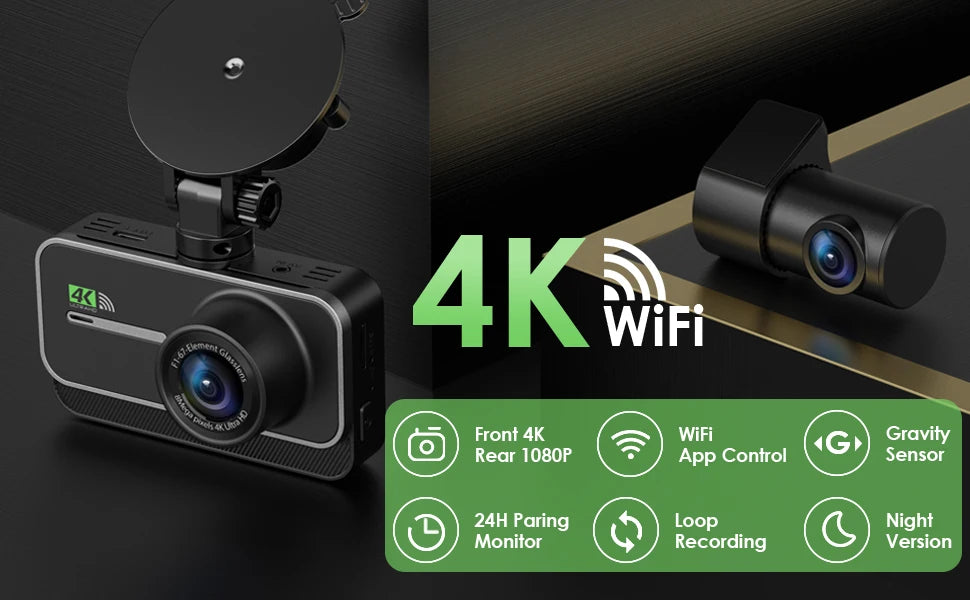 4K WiFi Dual Dash Cam Real 4K Optional rear/ cabin cam Installation 3"IPS NightVision 24H Parking Mode Dashboard Camera Recorder