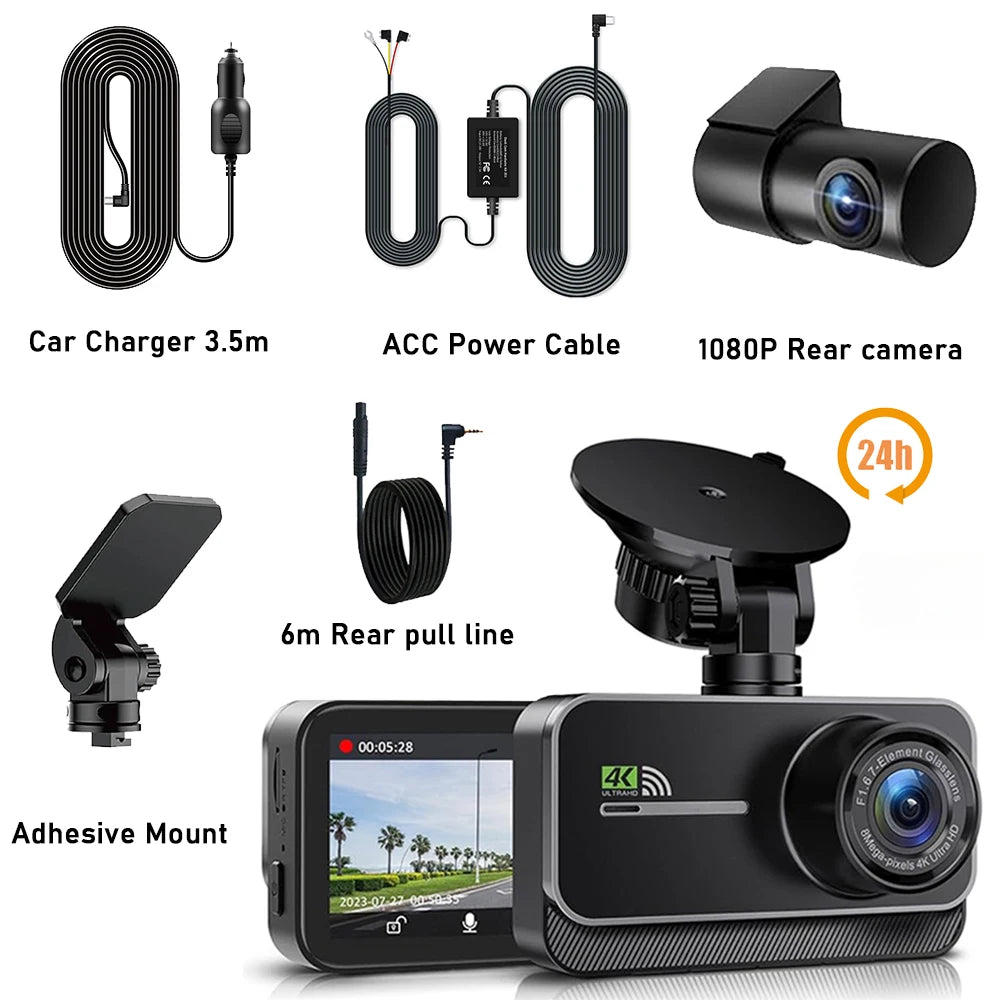 4K WiFi Dual Dash Cam Real 4K Optional rear/ cabin cam Installation 3"IPS NightVision 24H Parking Mode Dashboard Camera Recorder