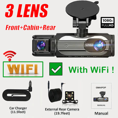1080P WIFI Camera Dash Cam for cars 2/3Ch Front Rear and Inside car camera with IR Night Vision LoopRecording,wide angle Car DVR