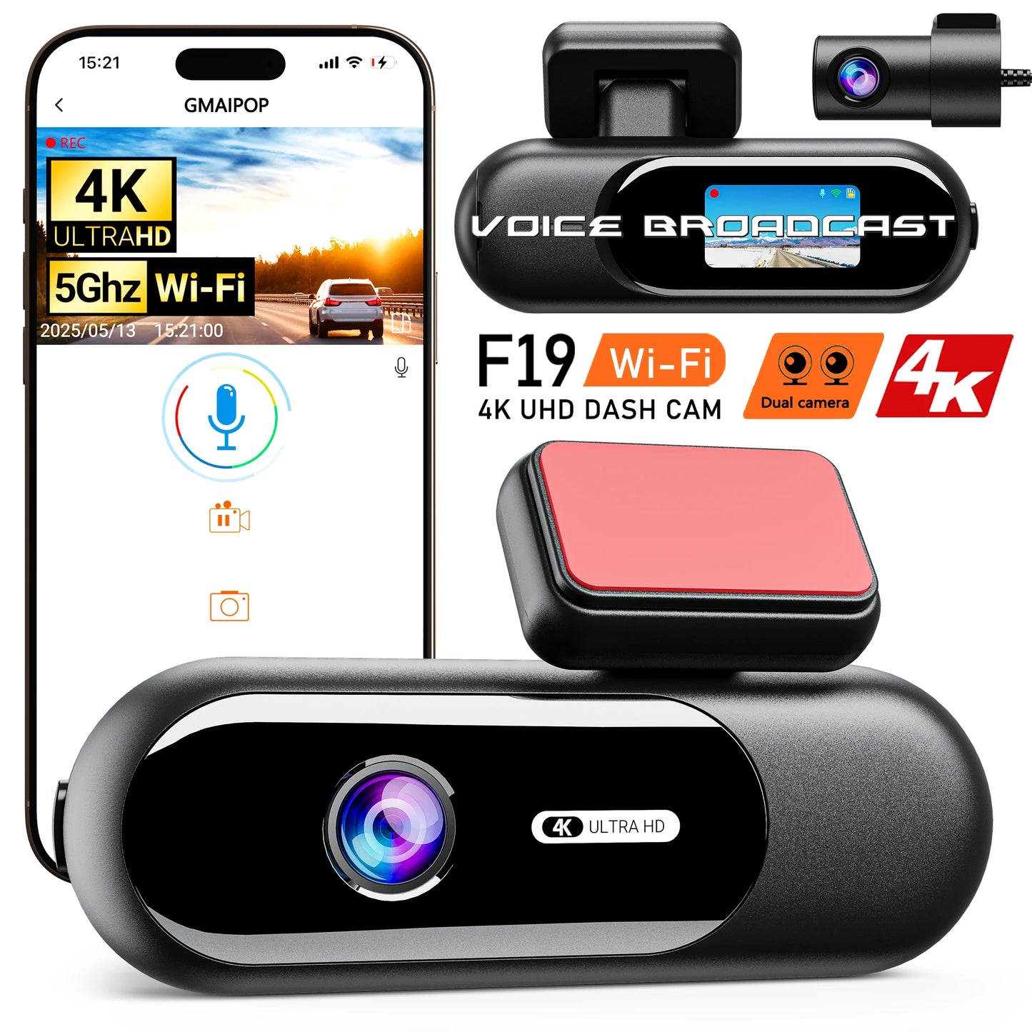 UHD 4K WiFi Dash Cam Dual Lens Driving Recorder Car DVR Optional 1080P Rear Lens Camera 24H Parking Monitoring Black Box