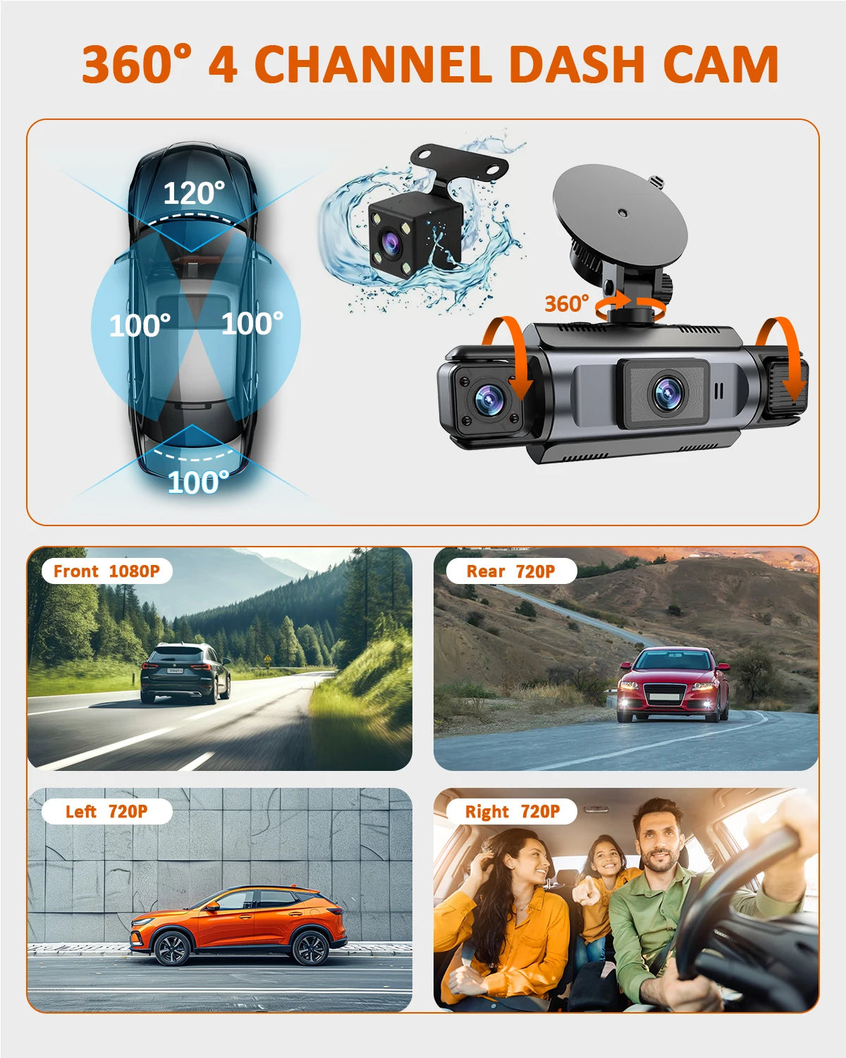 4Ch WiFi Dashcam car camera Black Box Driving DVR FHD 1080P Front Left Right Rear Night Vision Loop Recording Hardwire kit