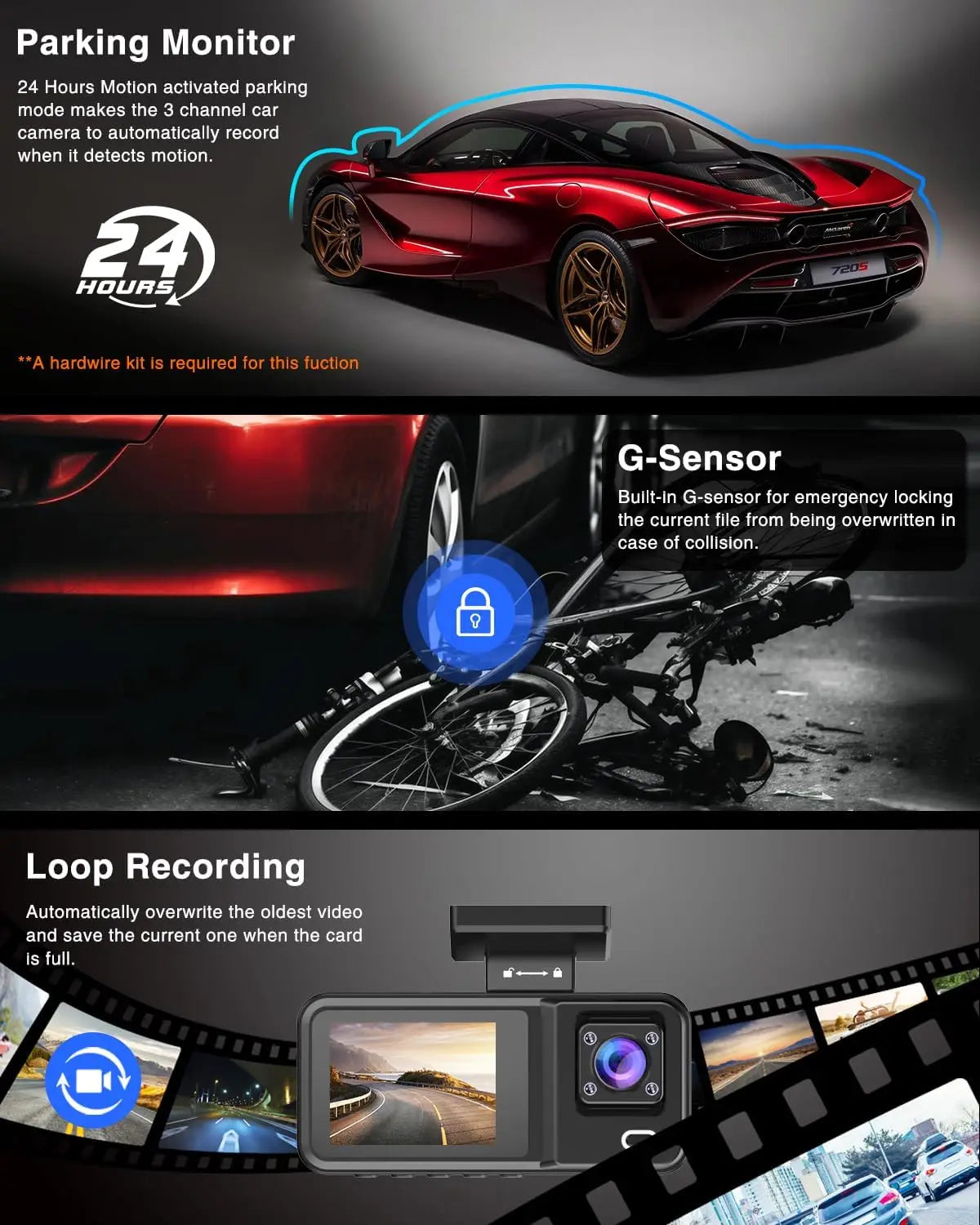 3 Channel Car DVR HD 1080P 3-Lens Inside Vehicle Dash CamThree Way Camera DVRs Recorder Video Registrator Dashcam Camcorder