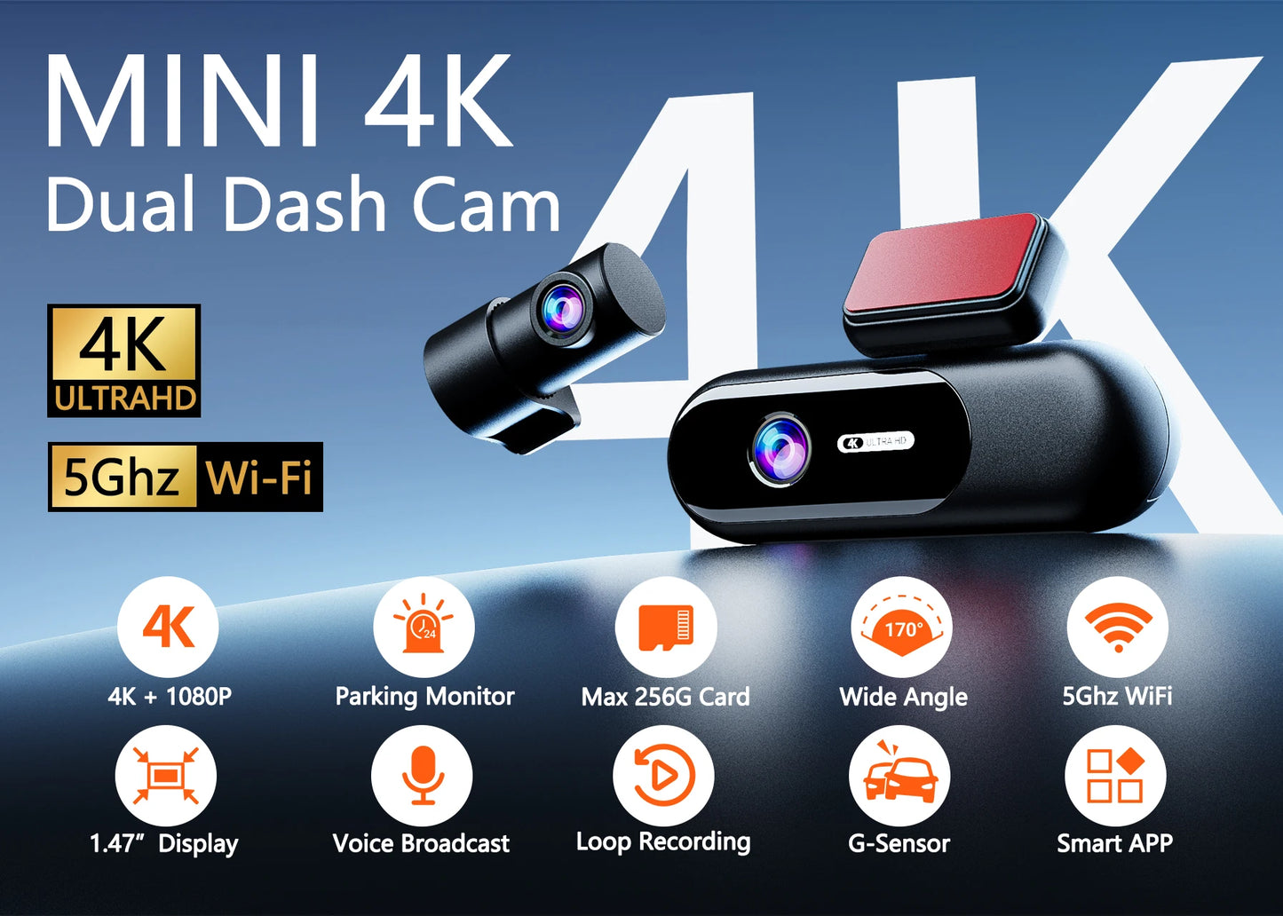 UHD 4K WiFi Dash Cam Dual Lens Driving Recorder Car DVR Optional 1080P Rear Lens Camera 24H Parking Monitoring Black Box