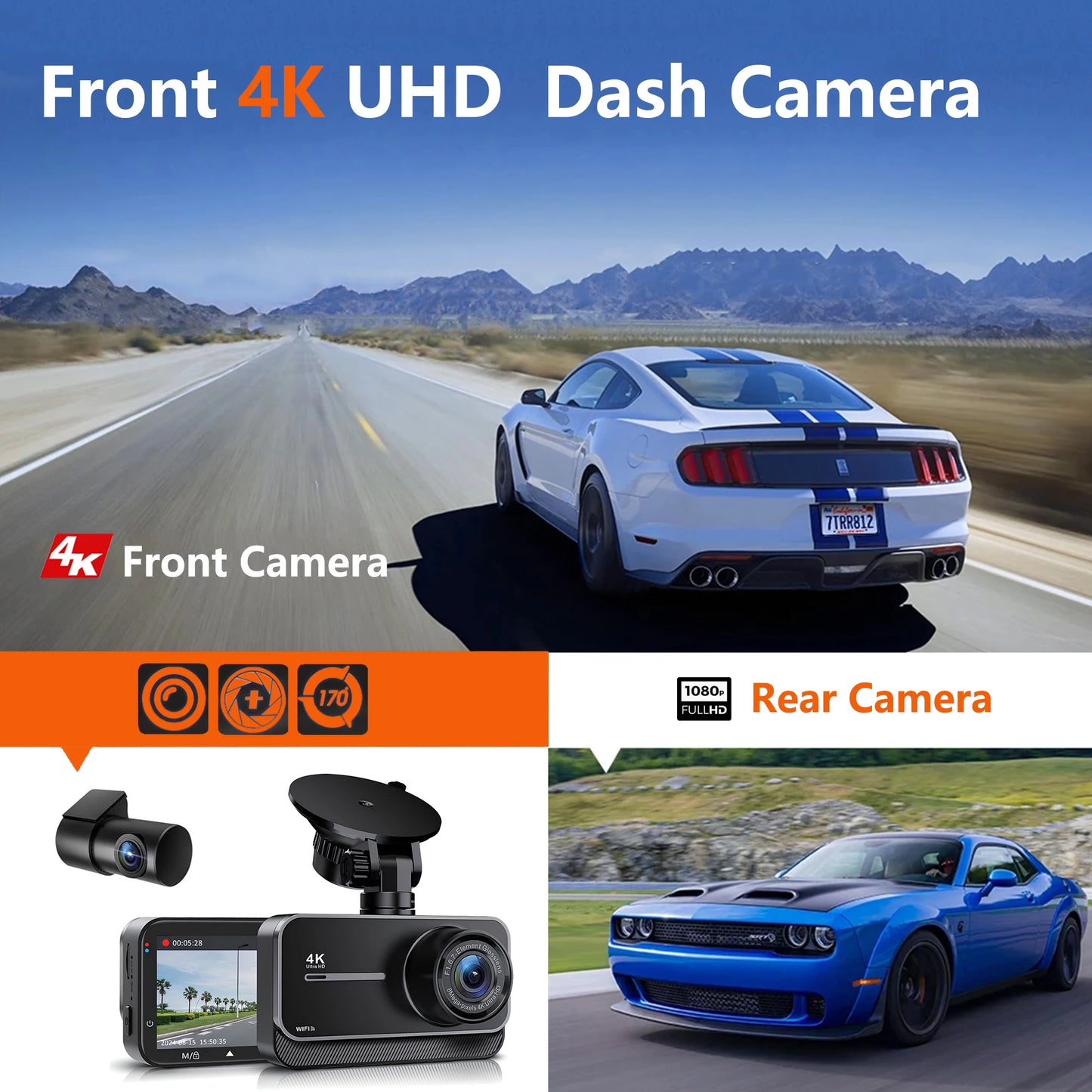 4K WiFi Dual Dash Cam Real 4K Optional rear/ cabin cam Installation 3"IPS NightVision 24H Parking Mode Dashboard Camera Recorder
