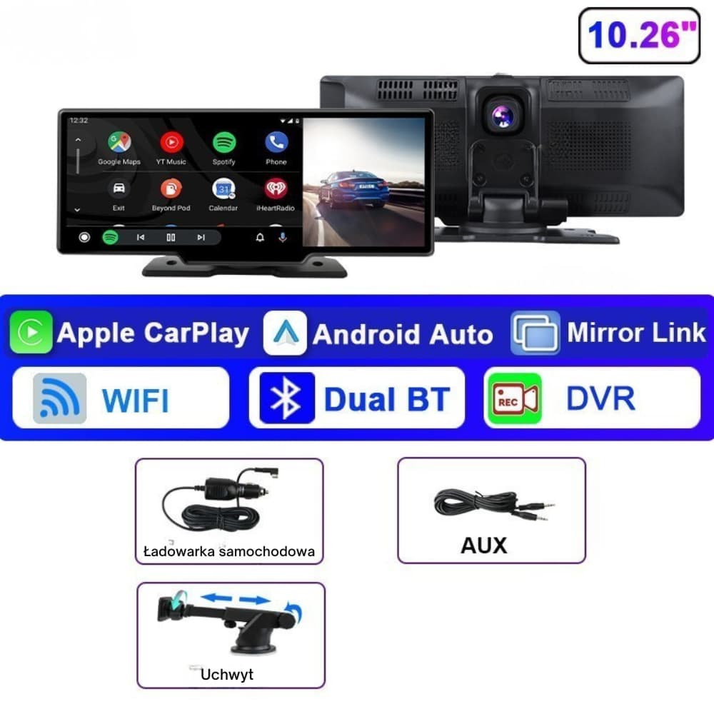Kamera samochodowa 4K Dual Lens + CarPlay/Android Auto – WiFi 5.0, 10,26